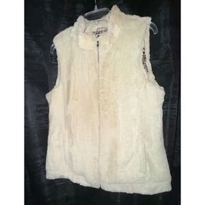 Miss‎ Ashley Women's Large Ivory Faux Fur Vest Leopard Lined Full Zip Boho